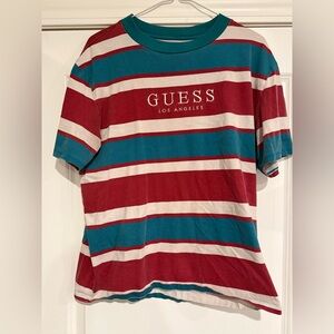 GUESS Men's Red and Teal Striped Tee